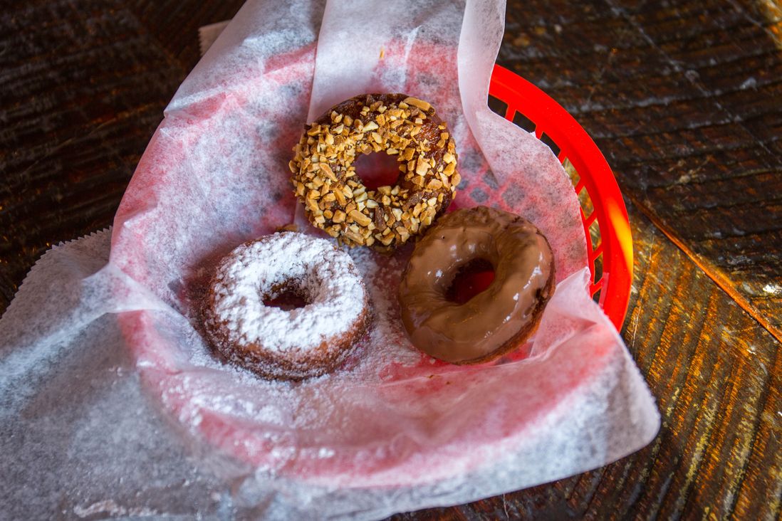 Powdered, Honey-Nut, Chocolate Doughnuts ($5 for 3)<br/>